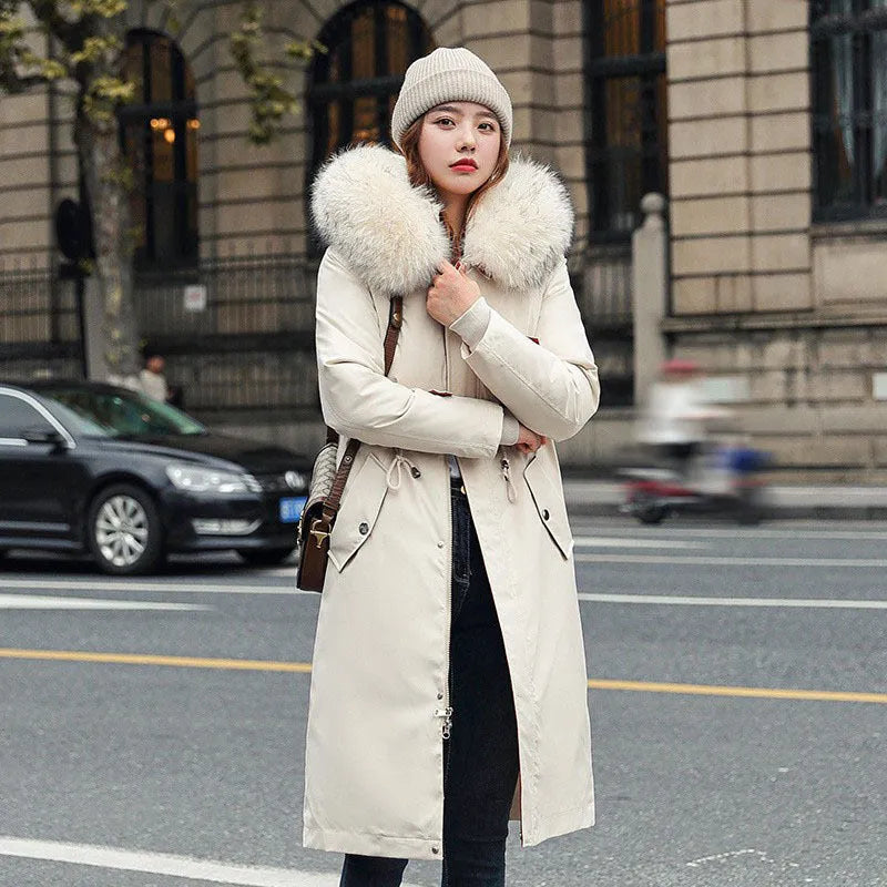 Women's long trench coat in bean green colour with fleece lining and down cotton filler
