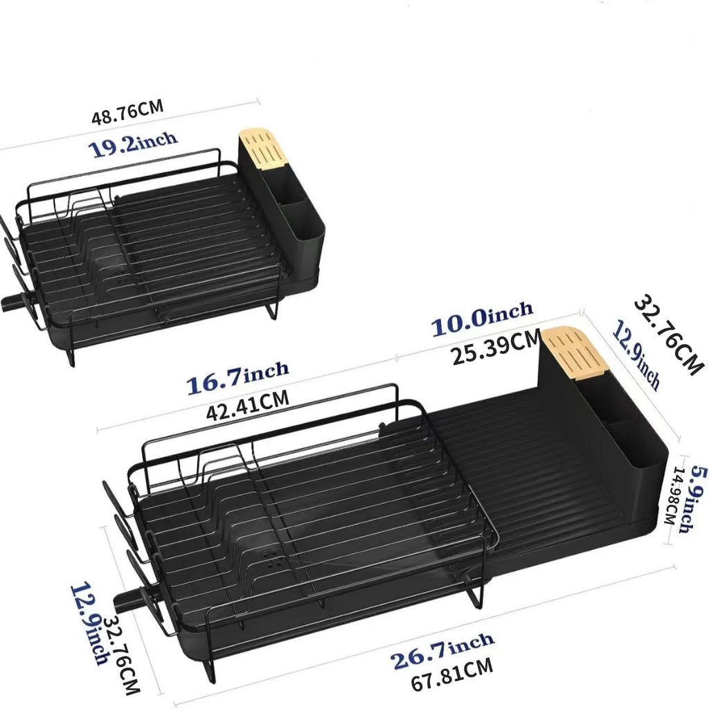 Carbon steel foldable kitchen dish drain rack with sections for cutlery and cups