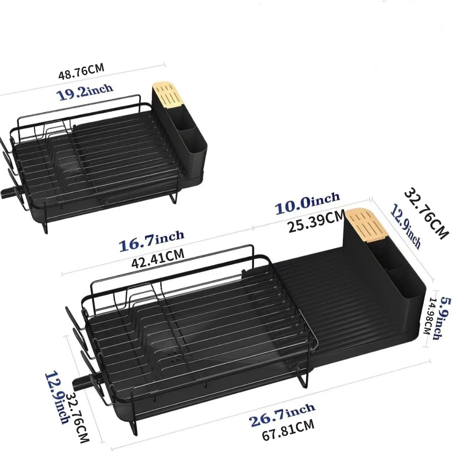 Carbon steel foldable kitchen dish drain rack with sections for cutlery and cups