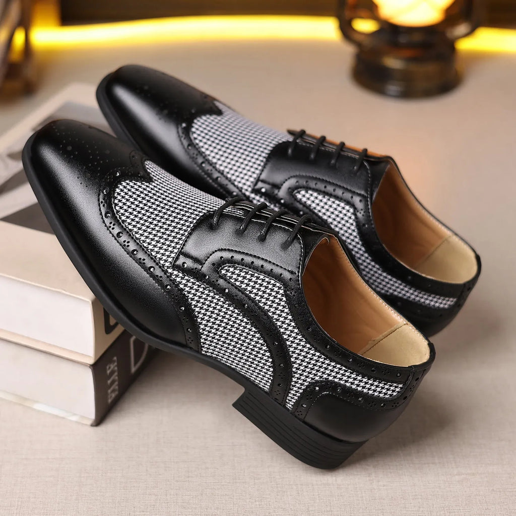 Men's black houndstooth pattern casual lace-up shoes with a rubber sole and square toe.