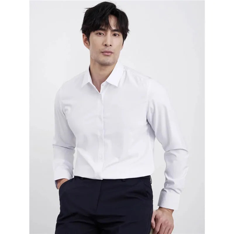 Men's wine red slim fit long sleeve business shirt on a hanger.
