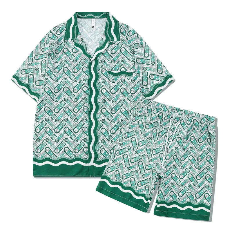 Plaid print beach outfit set for men and women, featuring a short sleeve shirt and matching trousers on a hanger.