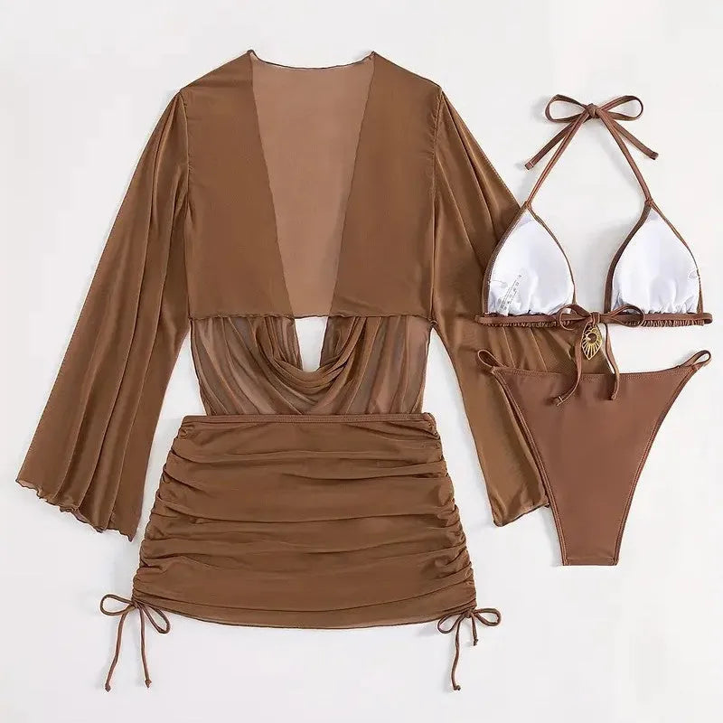 Dark brown women's lace-up bikini swimsuit set on a model, showing backless design