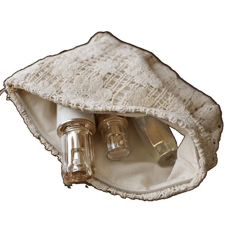 Handmade corducrochet hollow flower cosmetic bag with ethnic embroidery, rope colour variation