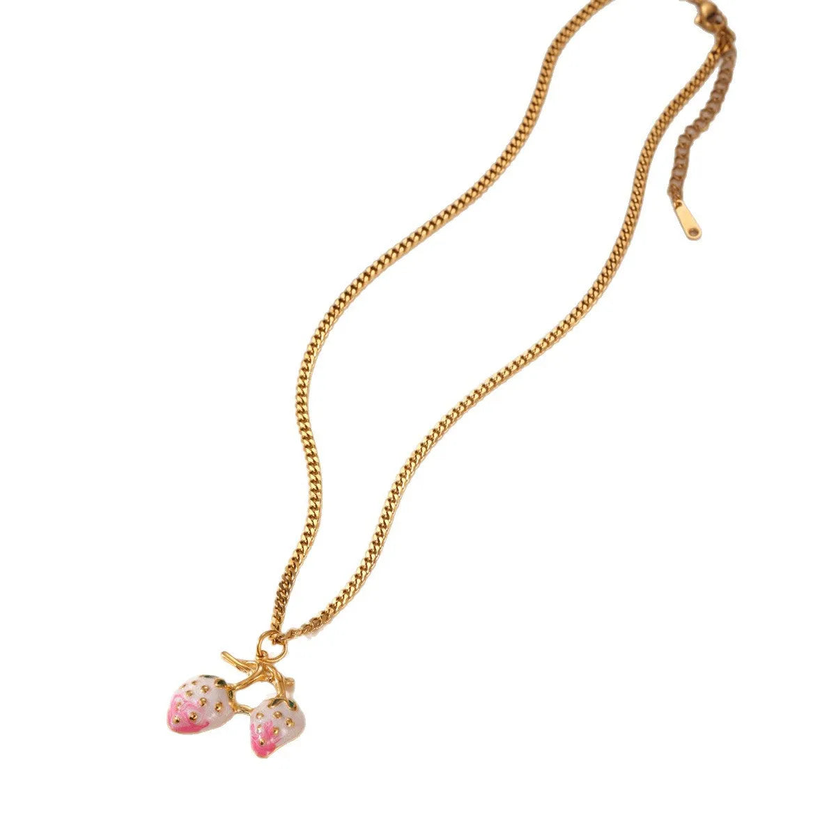 Stainless steel strawberry pendant necklace on adjustable alloy chain in red and white gradient colour options