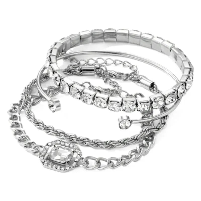 Four-piece geometric retro bracelet set with square diamond design in gold finish