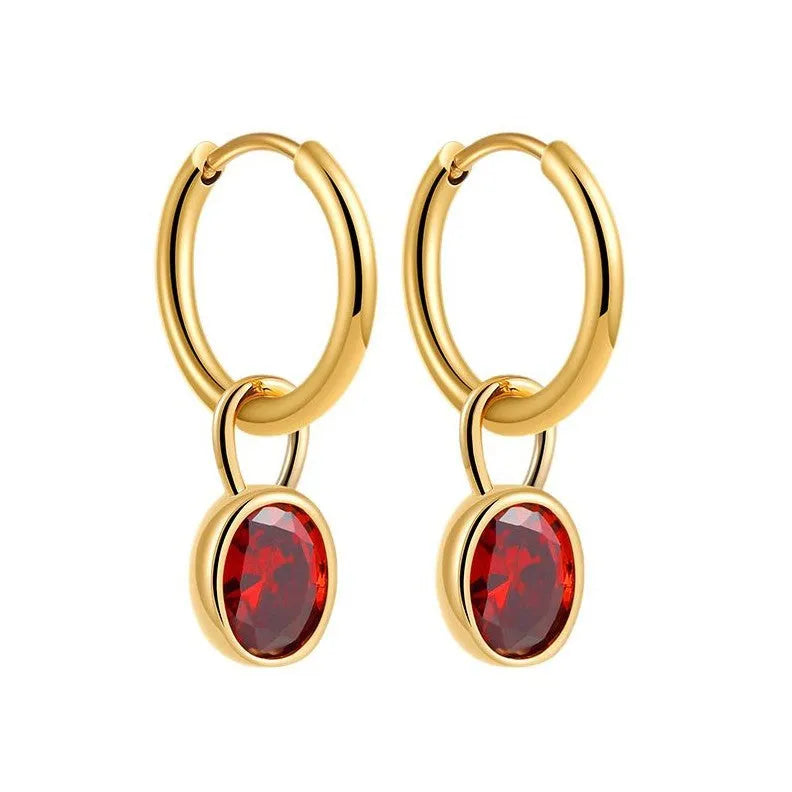 Women's retro oval zircon earrings in copper metal with ellipse design, shown in multiple colour options