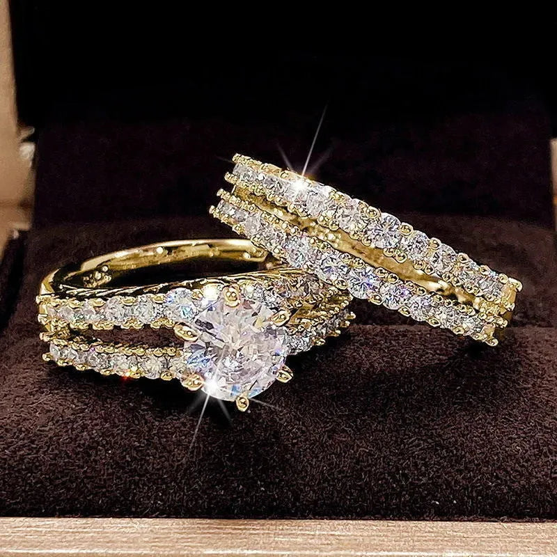 2-in-1 fully-jewelled women's fashion ring set in geometric shape with round elements