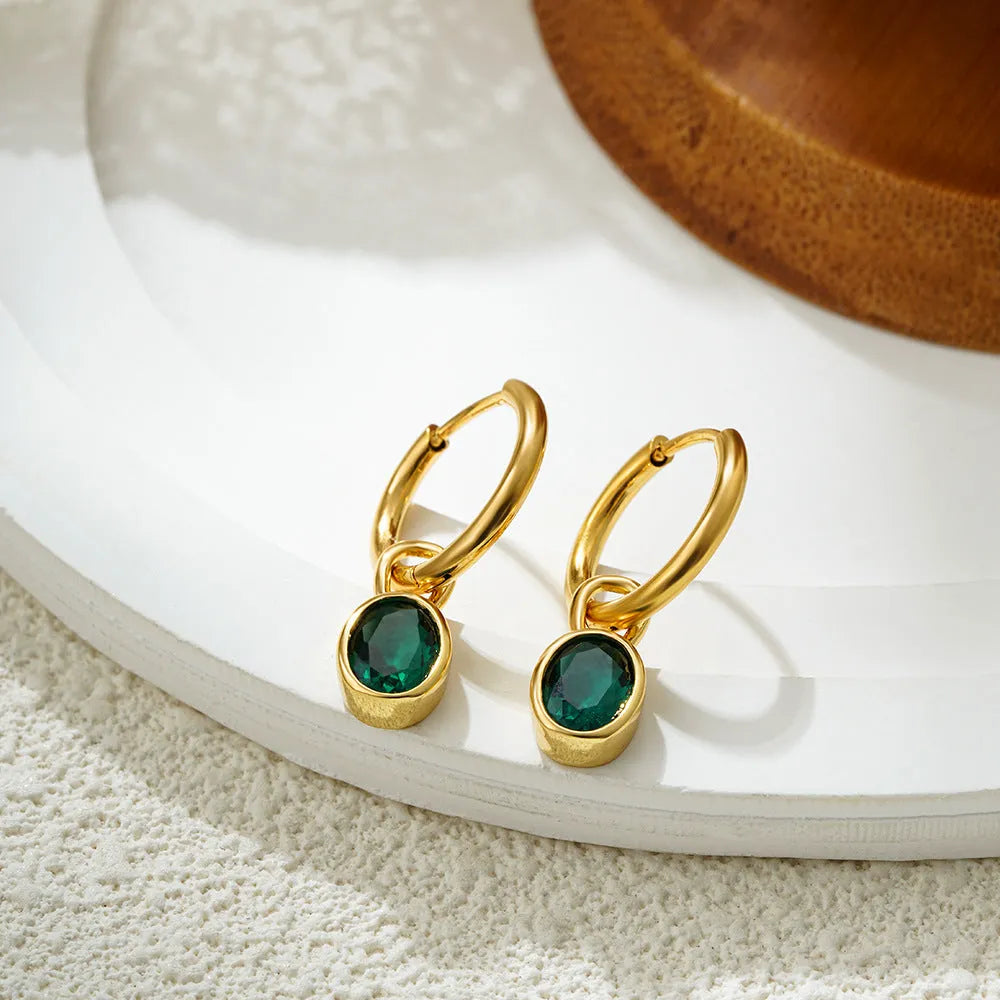 Women's retro oval zircon earrings in copper metal with ellipse design, shown in multiple colour options