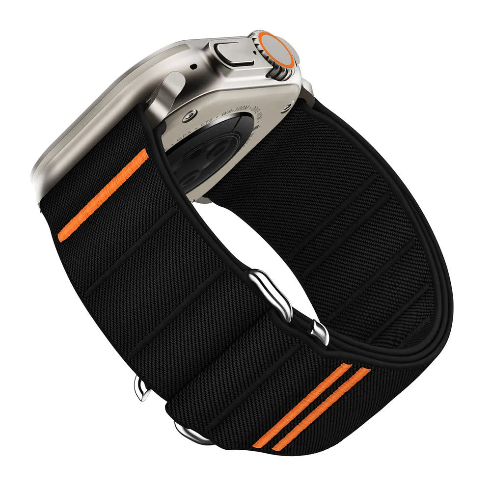 Elastic nylon sports band with stainless steel buckle for Apple Watch, shown in Army Green colour.