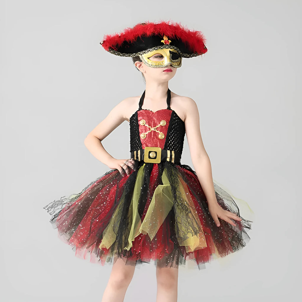 Girl's sleeveless pirate costume dress with sequins, lace, and mesh detailing, shown with an optional hat and eye mask.