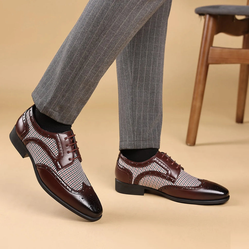 Men's black houndstooth pattern casual lace-up shoes with a rubber sole and square toe.