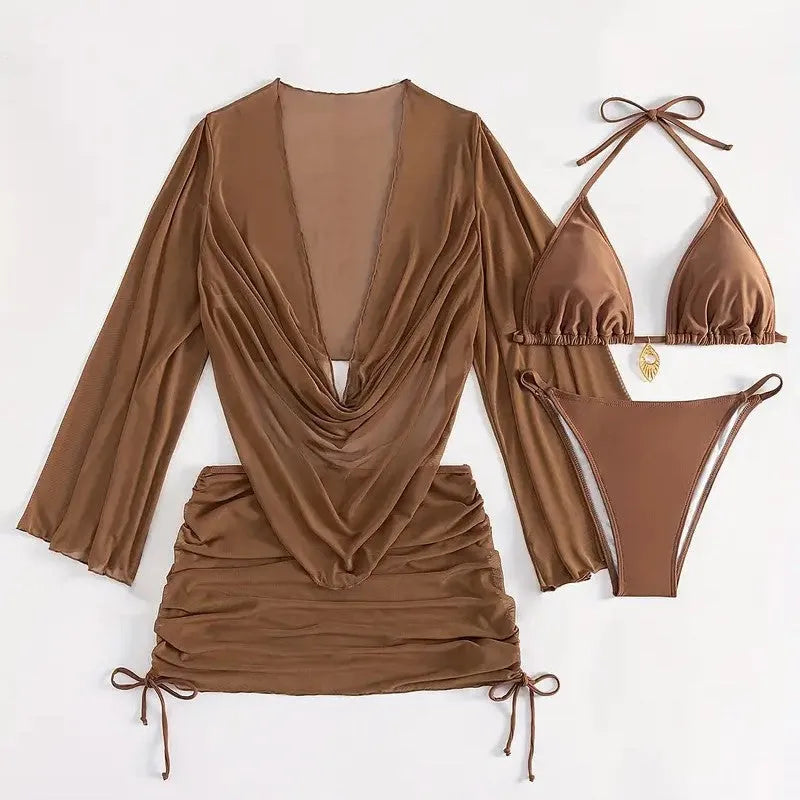 Dark brown women's lace-up bikini swimsuit set on a model, showing backless design
