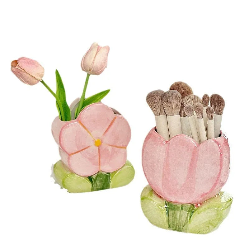 Ceramic flower pen holder storage box with tulip design for desktop organisation