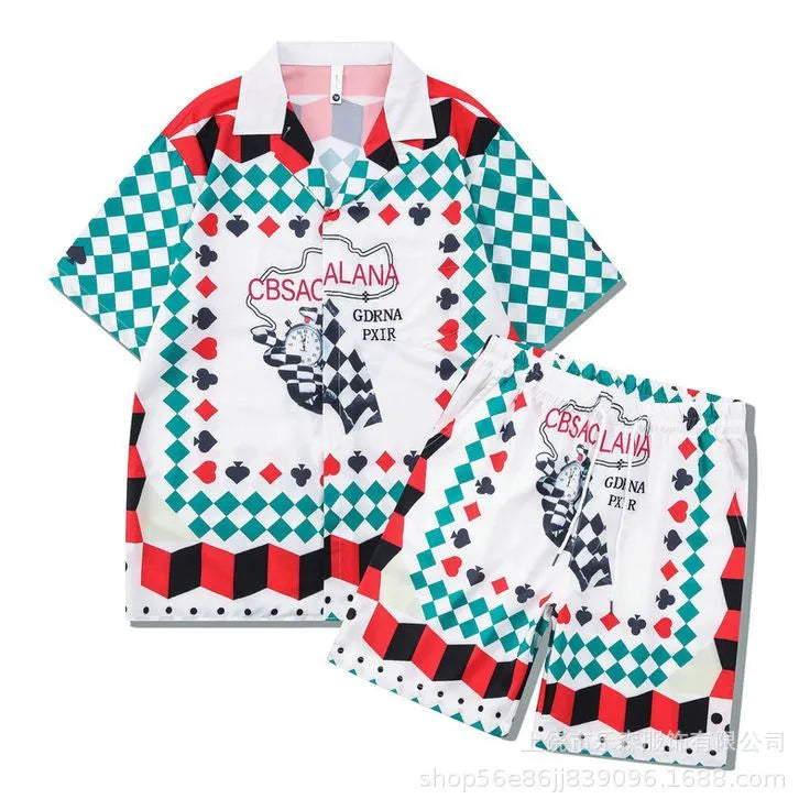 Plaid print beach outfit set for men and women, featuring a short sleeve shirt and matching trousers on a hanger.