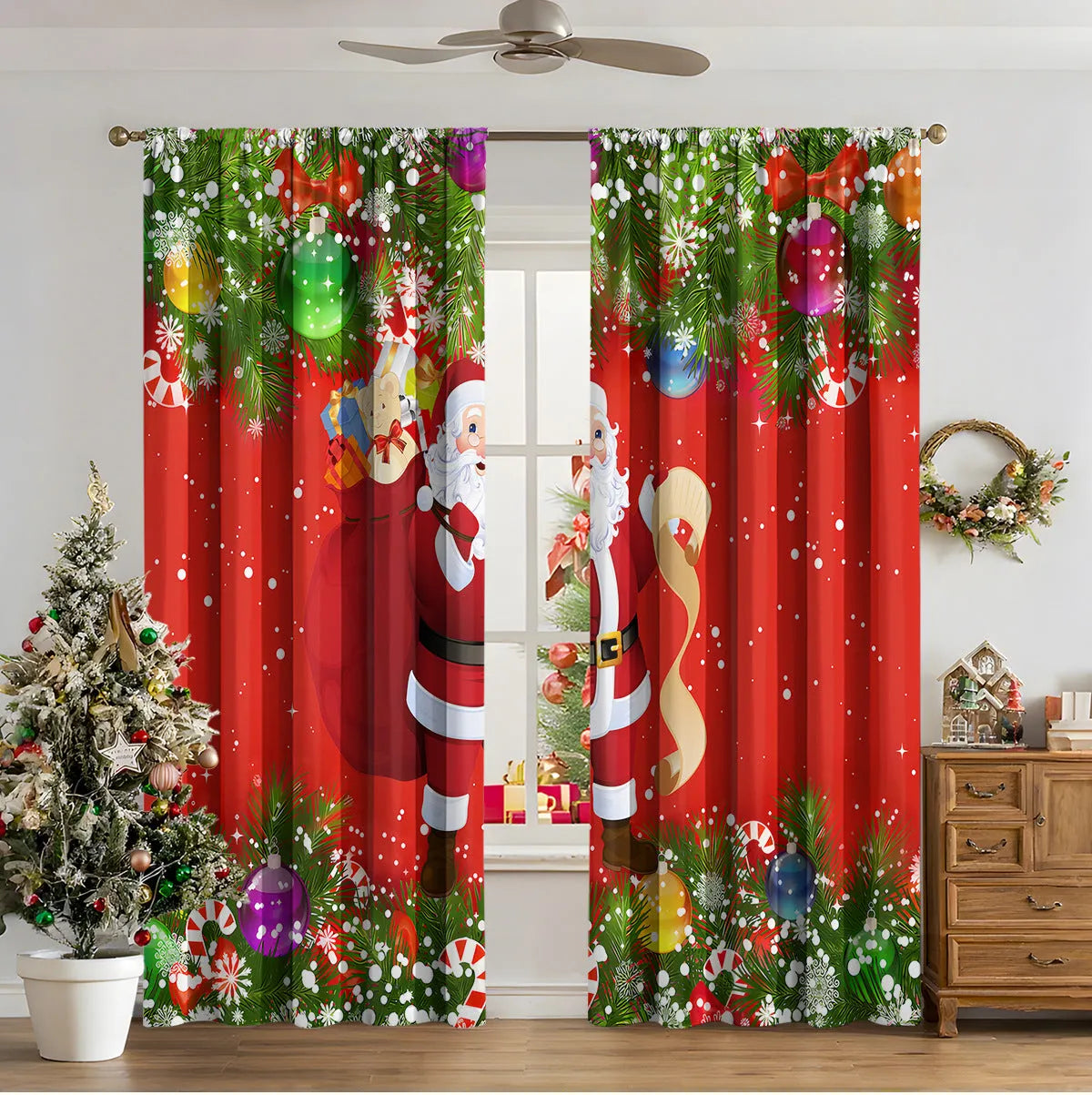 3D digital printed Christmas pattern on polyester curtain hanging in a window