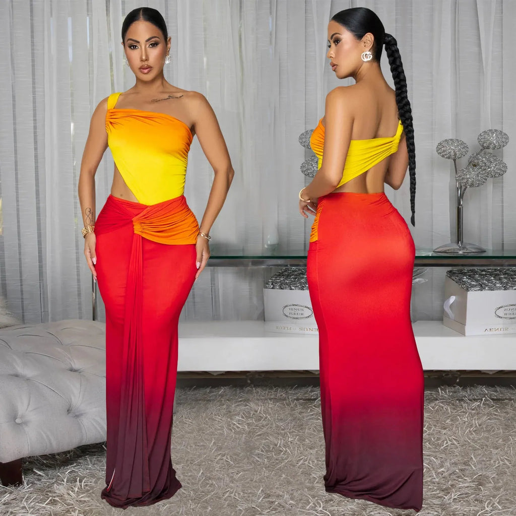 Women's gradient colour cross-shoulder sleeveless summer dress with a high-waist and long skirt.