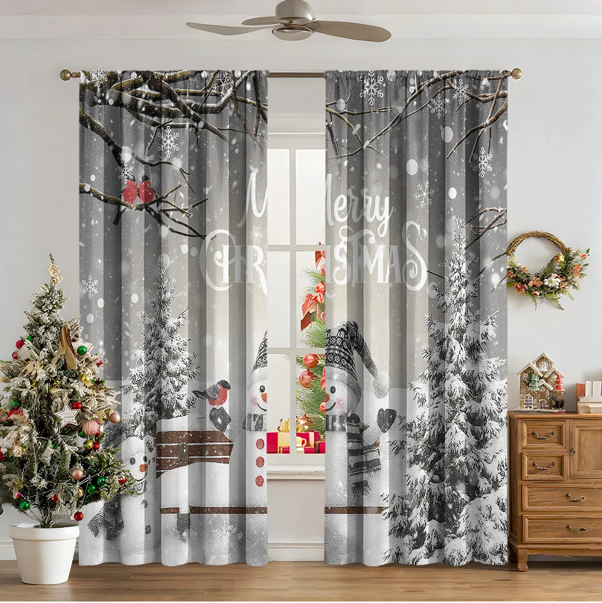 3D digital printed Christmas pattern on polyester curtain hanging in a window