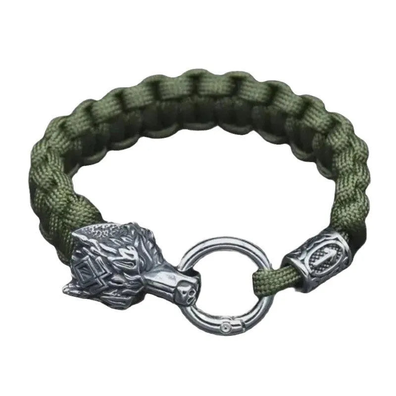 Wolf head stainless steel bracelet with Luen character design in camouflage colour on wrist