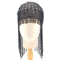 Handmade alloy belly dance hat with tassels and decorative mesh panels.