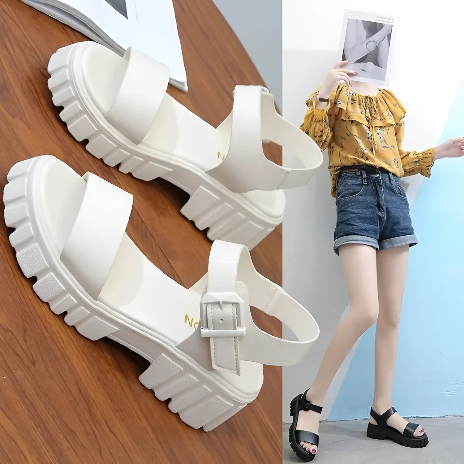 Beige women's peep toe platform sandals with an ankle-strap buckle on a white background.