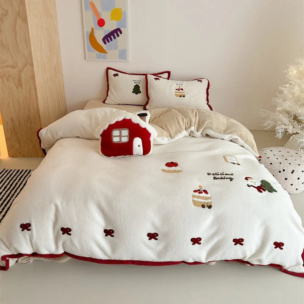 Girl's heart cartoon winter bedding four-piece set with Snow-Covered Pastry print on polyester fabric