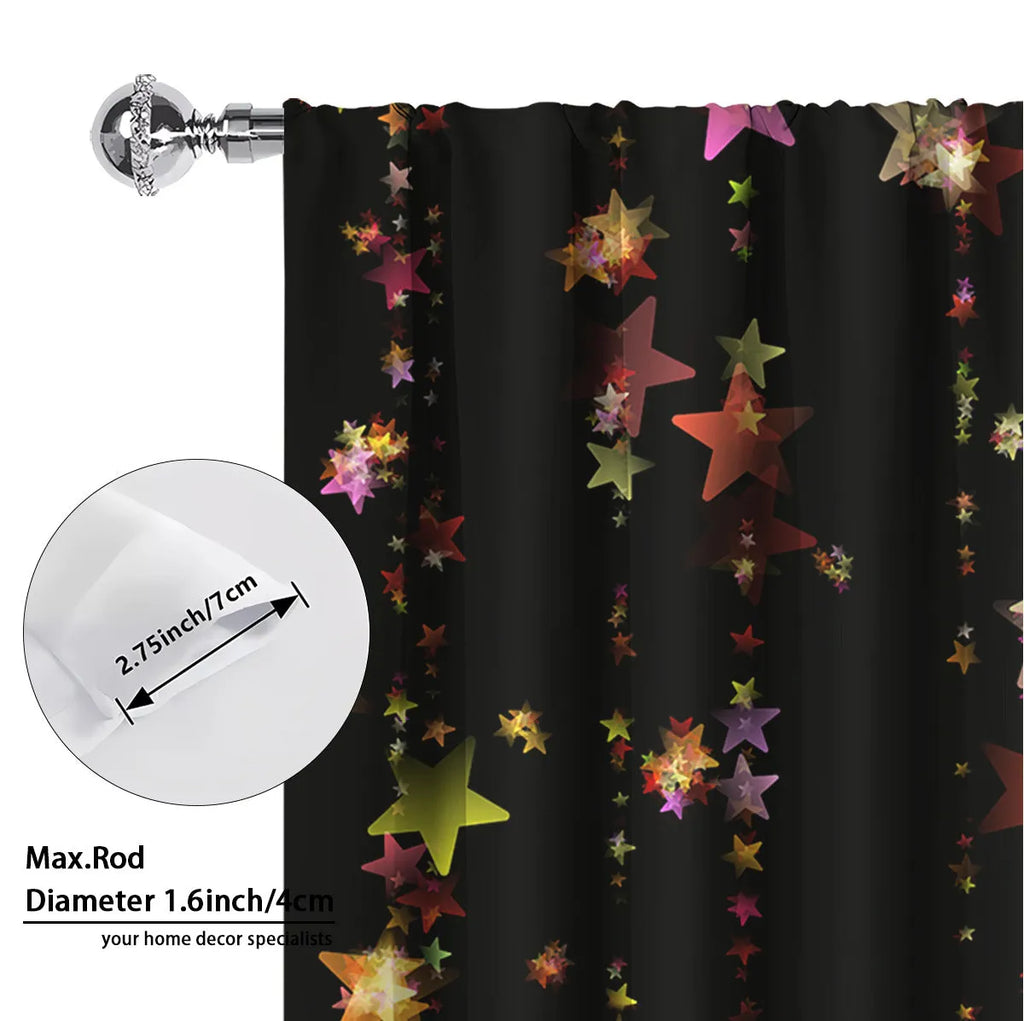 Pair of red and green Christmas themed curtains with 3D digital printed pattern hanging in a window.