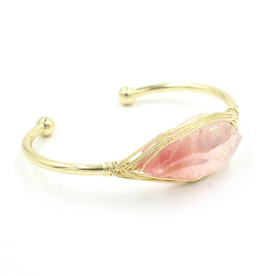 Natural raw gemstone winding crystal bracelet showing simple opening design and amorphous 8mm shape