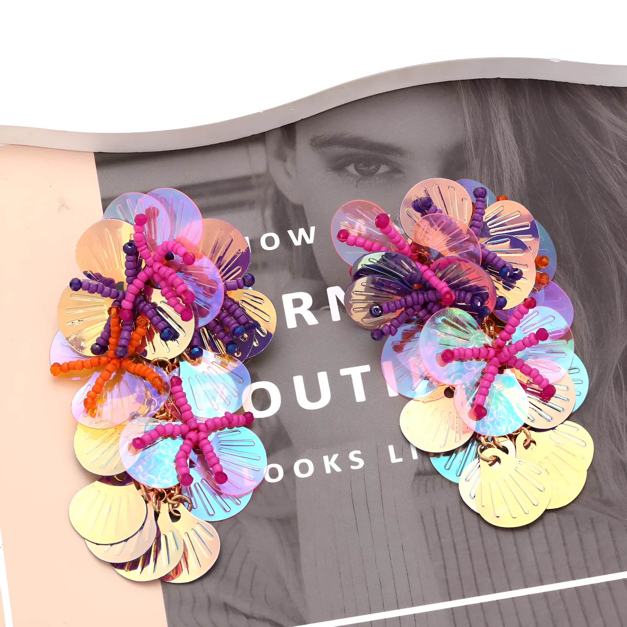 Handmade string bead flower earrings in exaggerated dopamine style with colourful floral designs