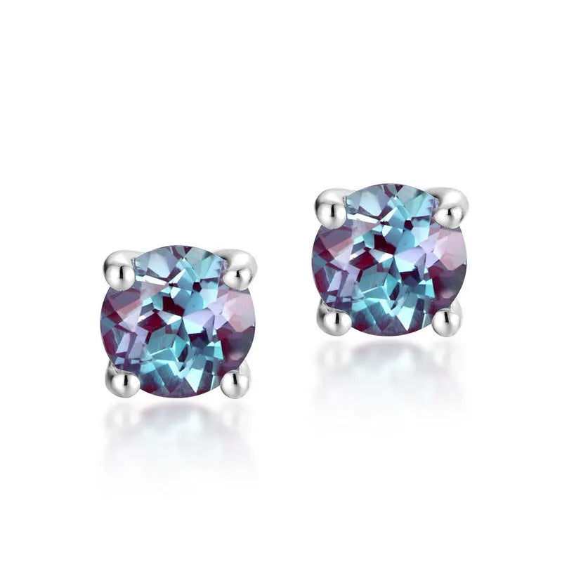 Women's sterling silver geometric ear studs with round design in cultivate Alexandrite colour
