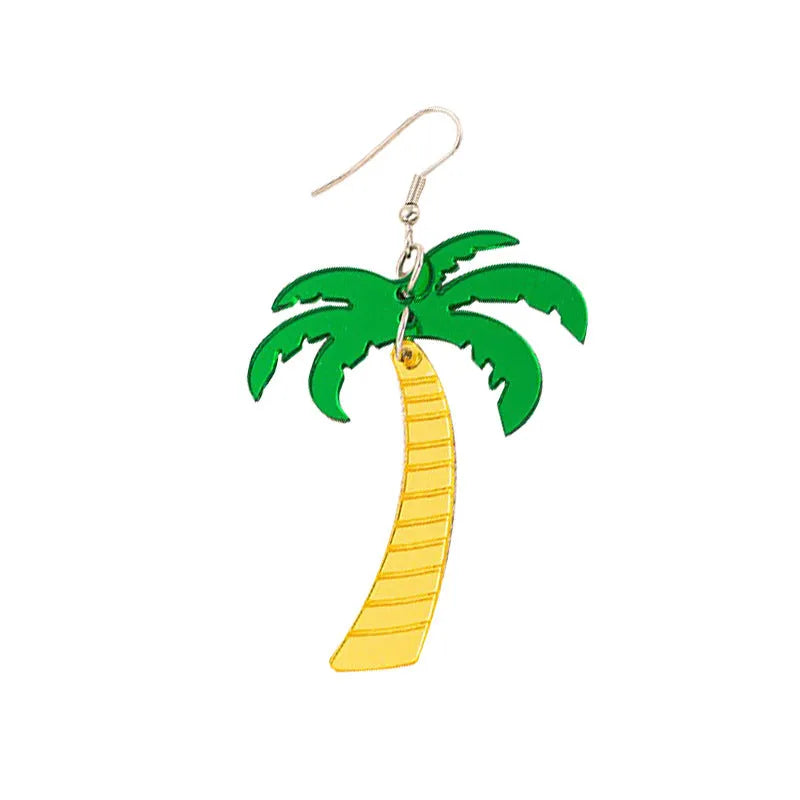 Pair of women's hook earrings with a green and yellow acrylic jackfruit drop decoration on a gold-toned alloy hook.