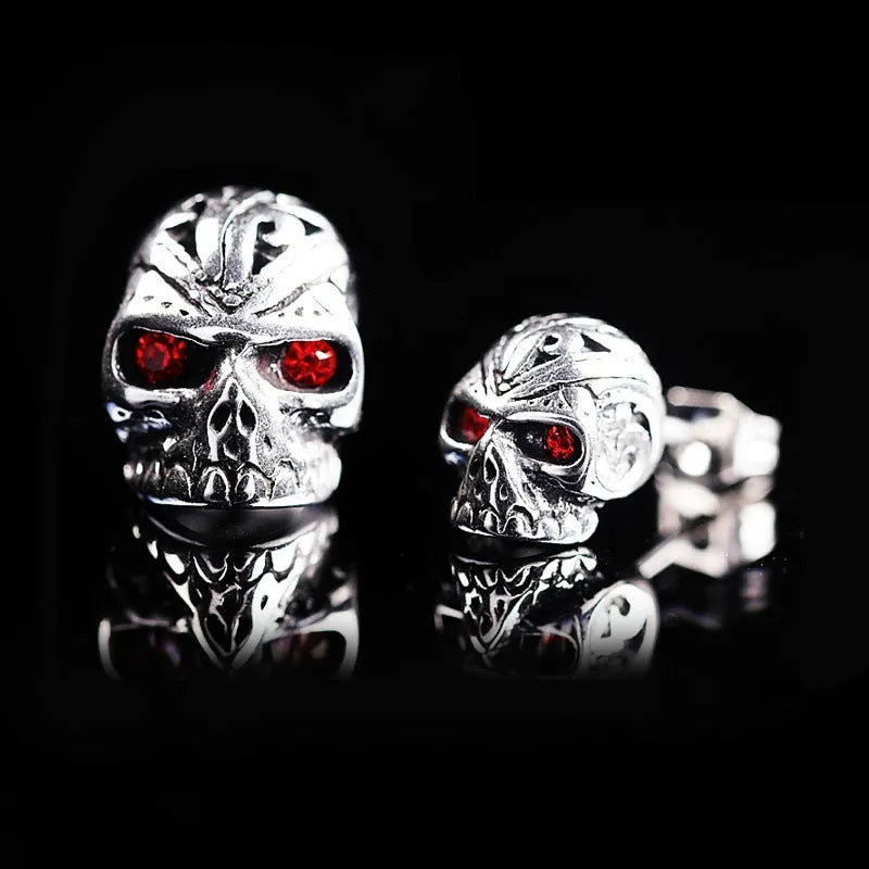 Retro red eye ghost head skull stud earrings with alloy gemstone inlay for women and unisex wear.