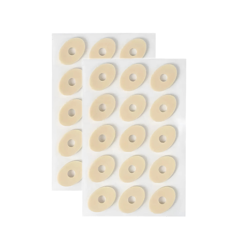 Assortment of PU heel and toe protectors showing large oval, small oval, U-shaped, and circular section shapes