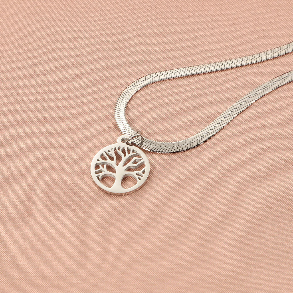 Stainless steel lucky tree pendant necklace with adjustable clasp in gold or steel colour