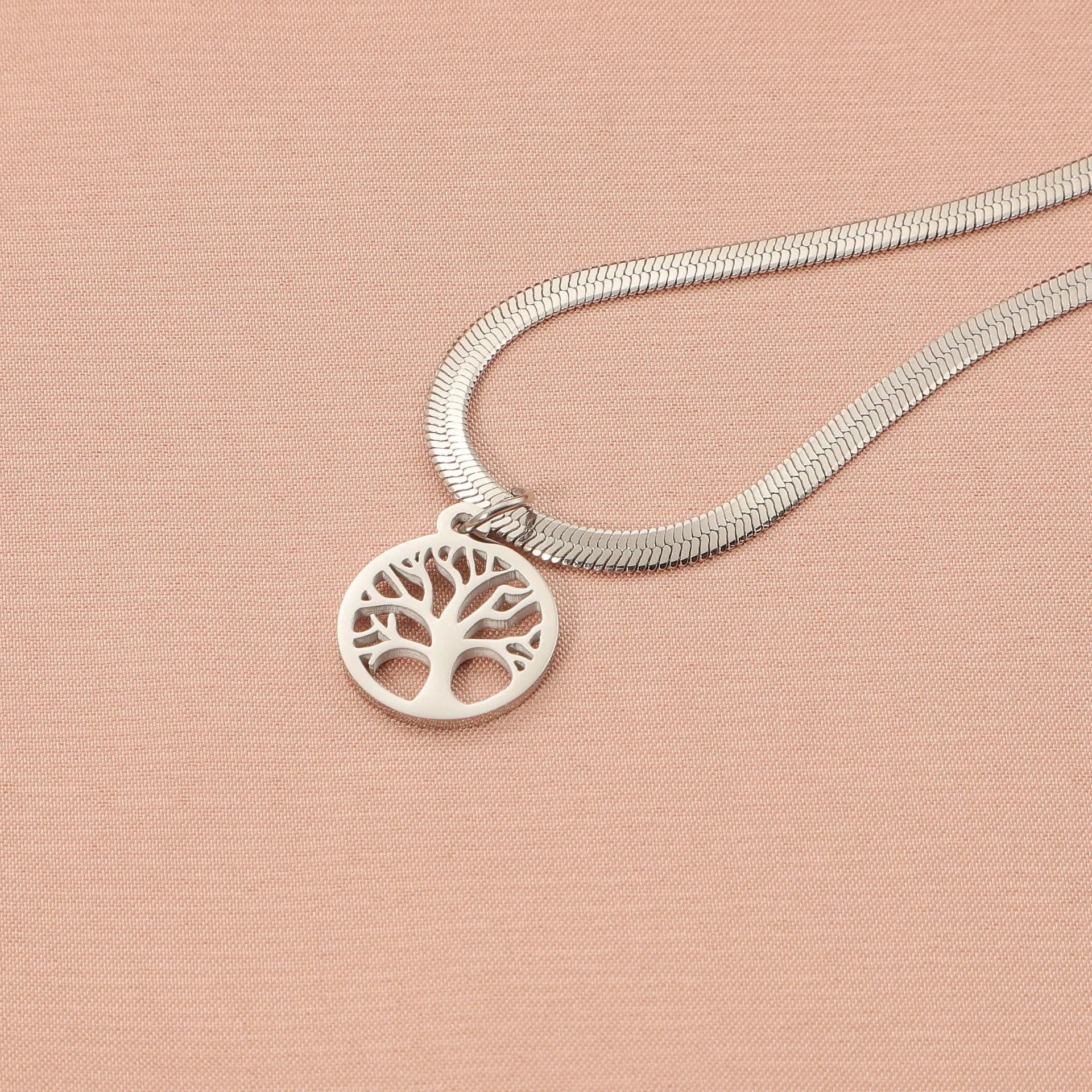 Stainless steel lucky tree pendant necklace with adjustable clasp in gold or steel colour