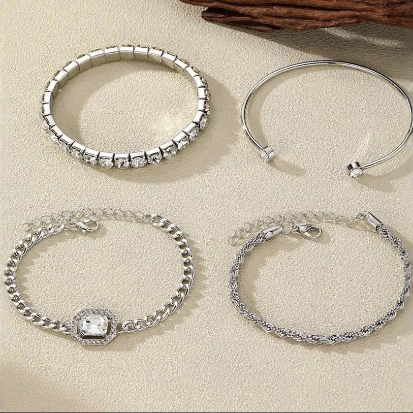 Four-piece geometric retro bracelet set with square diamond design in gold finish
