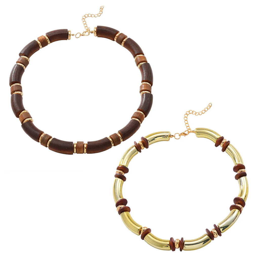 Women multi-layer wooden necklace and bracelet set with alloy chain and circular pendant design