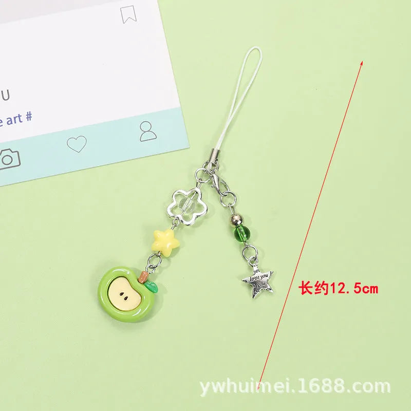 Cute fruit design plastic phone charm keychain on a white or silver rope.