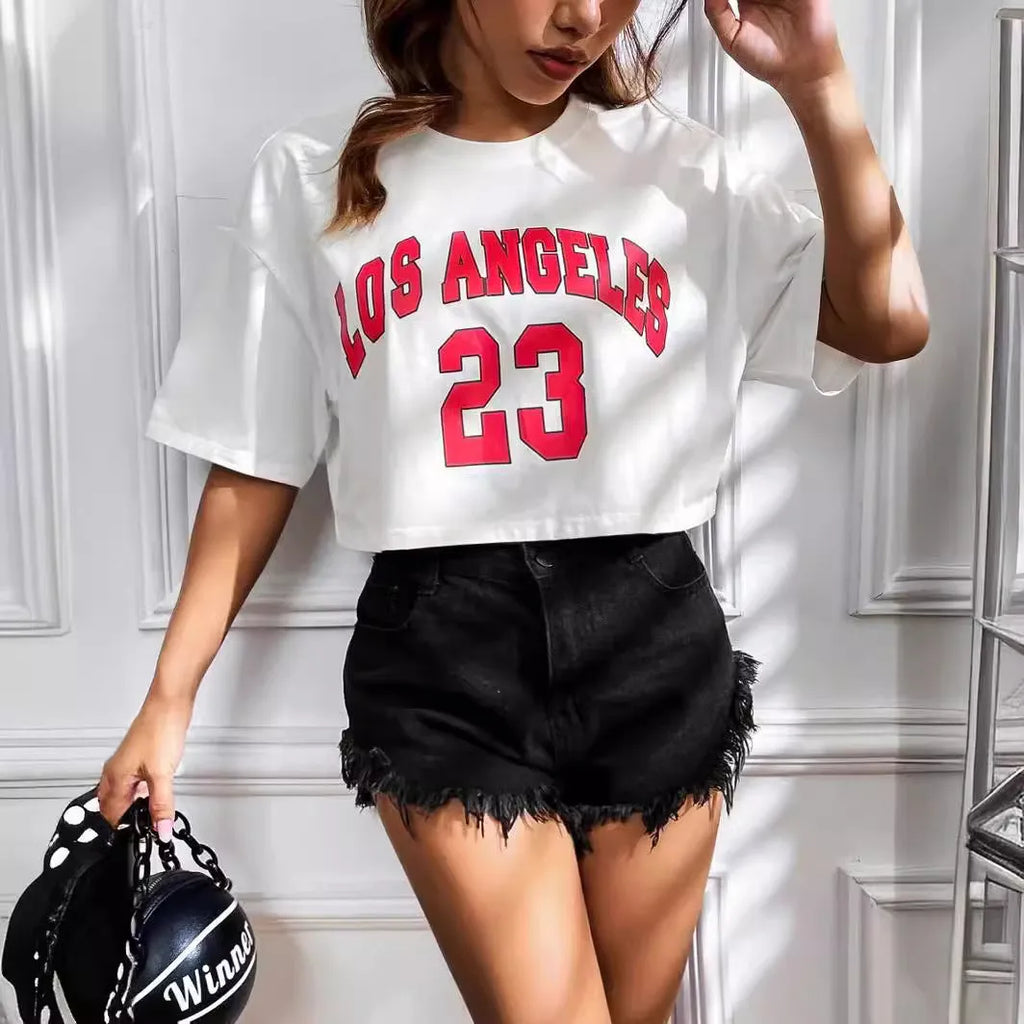 Cotton short sleeve t-shirt with exposed navel design and printed English letters in loose casual style