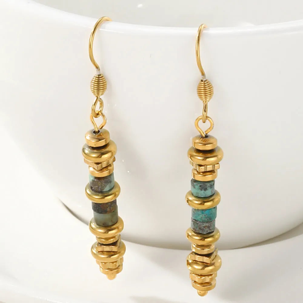 Geometric titanium steel dangle earrings with 18K gold plating, shown in SE22101520 colour.