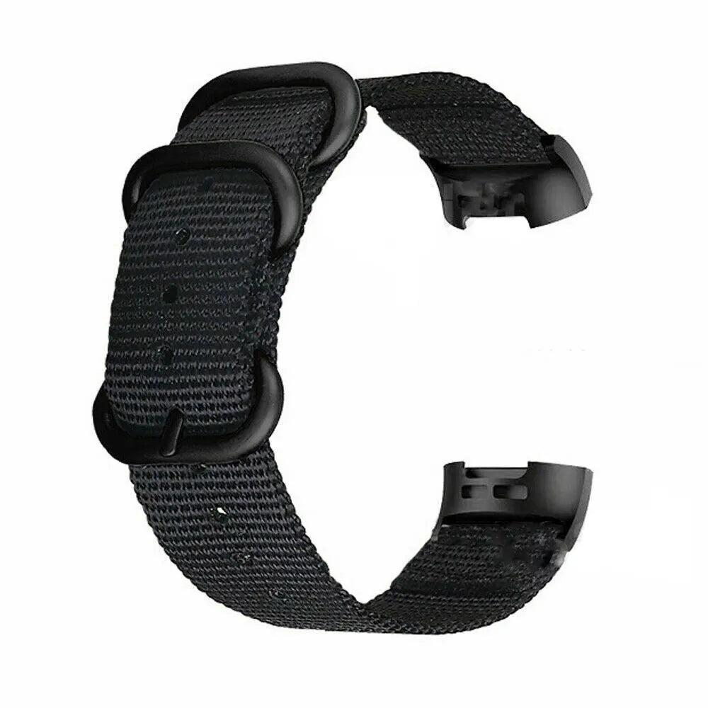 Nylon three-ring buckle replacement strap for Fitbit Charge fitness trackers in army green colour.