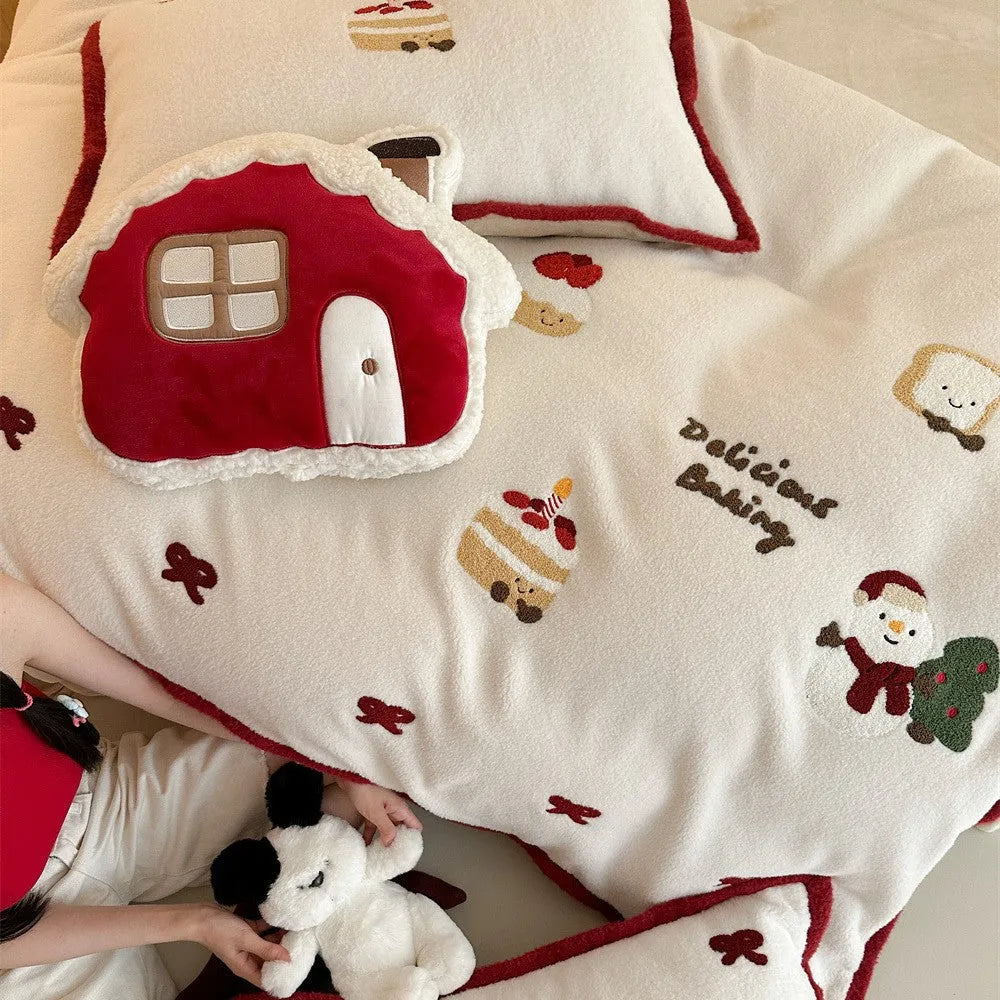 Girl's heart cartoon winter bedding four-piece set with Snow-Covered Pastry print on polyester fabric