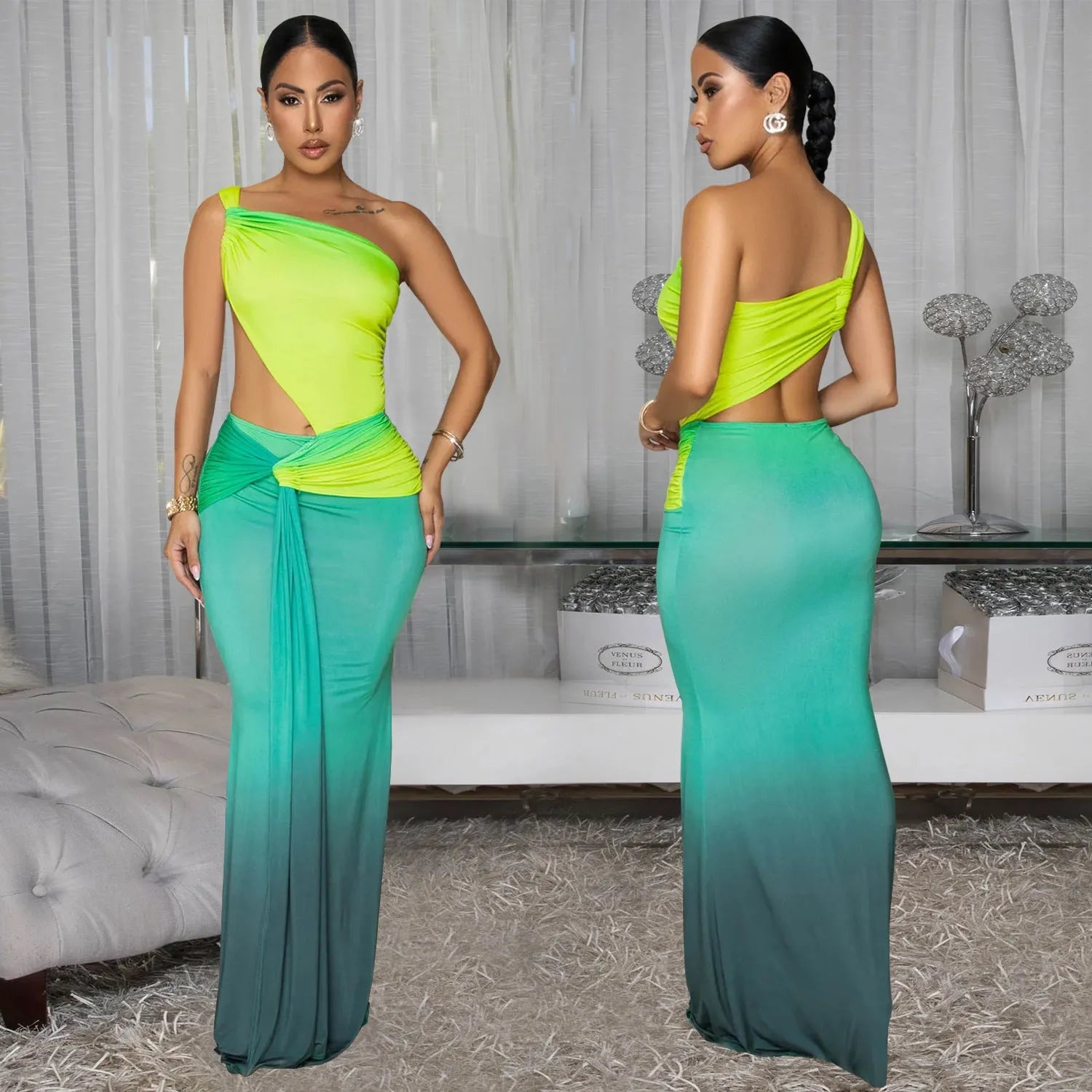 Women's gradient colour cross-shoulder sleeveless summer dress with a high-waist and long skirt.