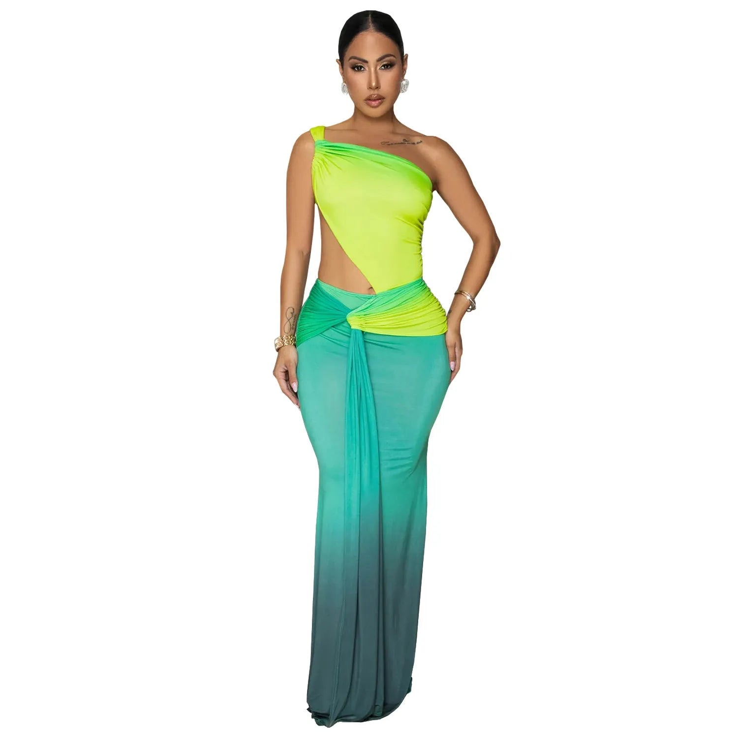 Women's gradient colour cross-shoulder sleeveless summer dress with a high-waist and long skirt.