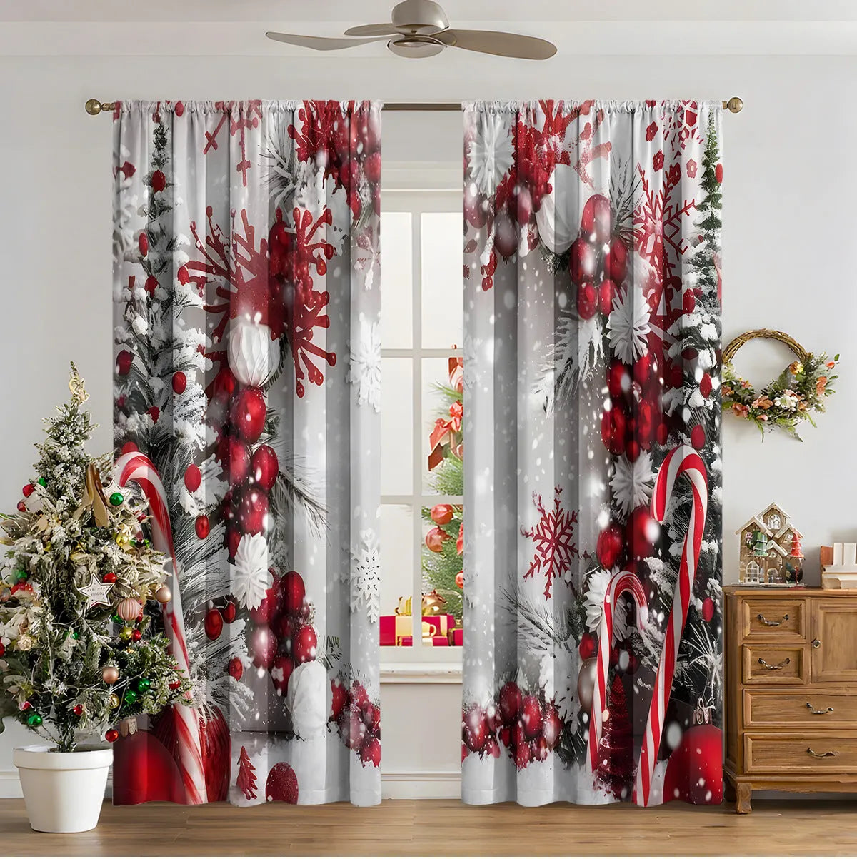 3D digital printed Christmas pattern on polyester curtain hanging in a window