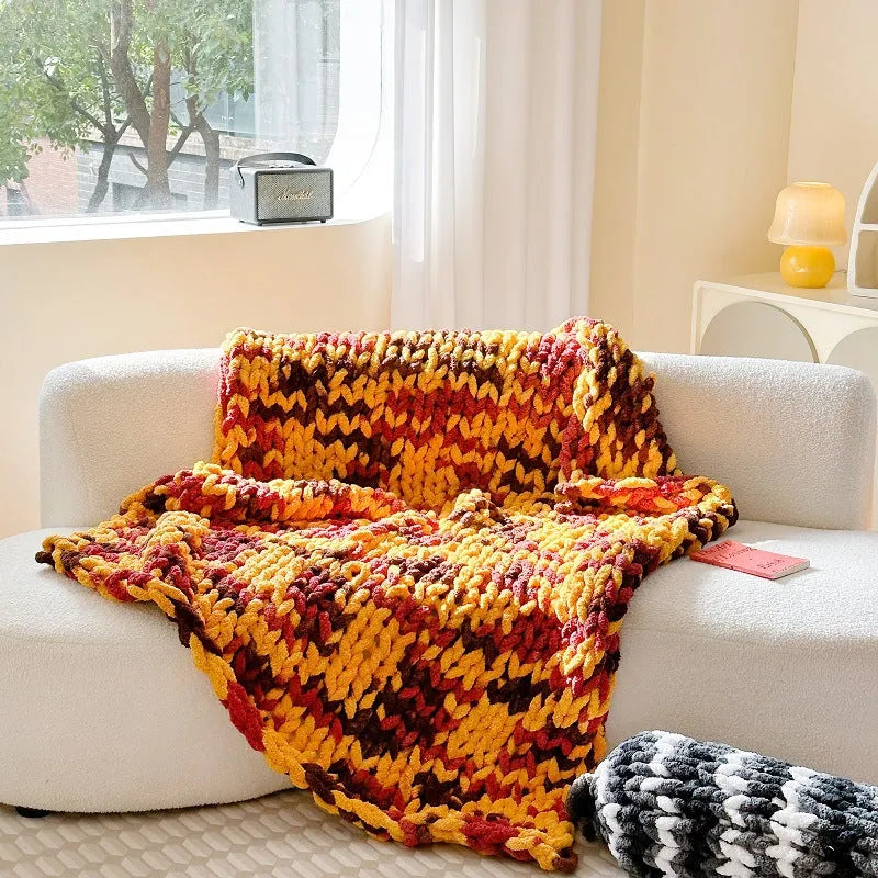 Handmade striped Chenille winter blanket showing ice bar section dye pattern in choice of four colours