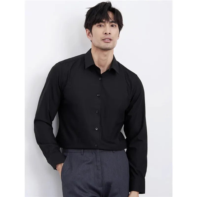 Men's wine red slim fit long sleeve business shirt on a hanger.