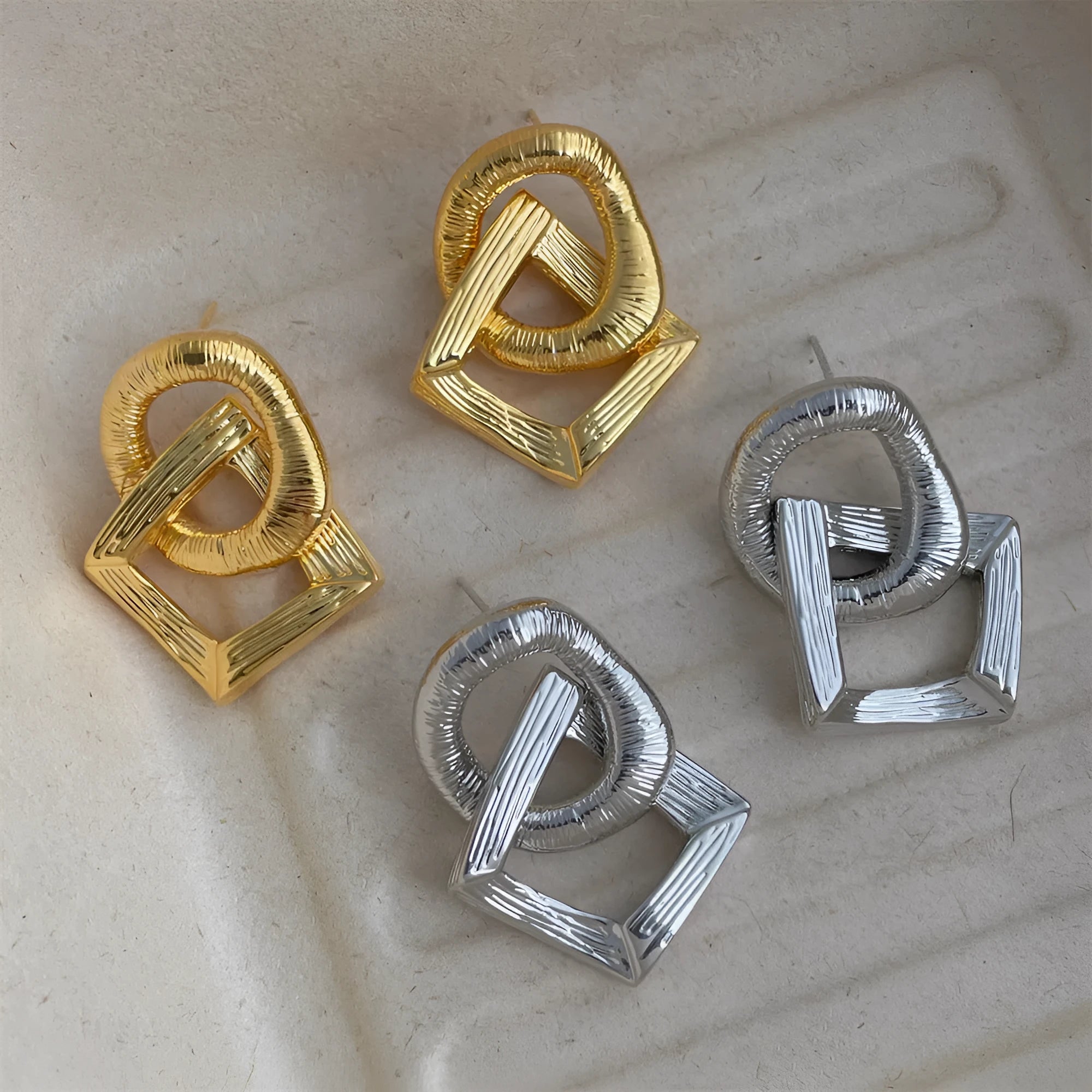 Gold and silver retro geometric copper drop earrings, 3.4cm long.