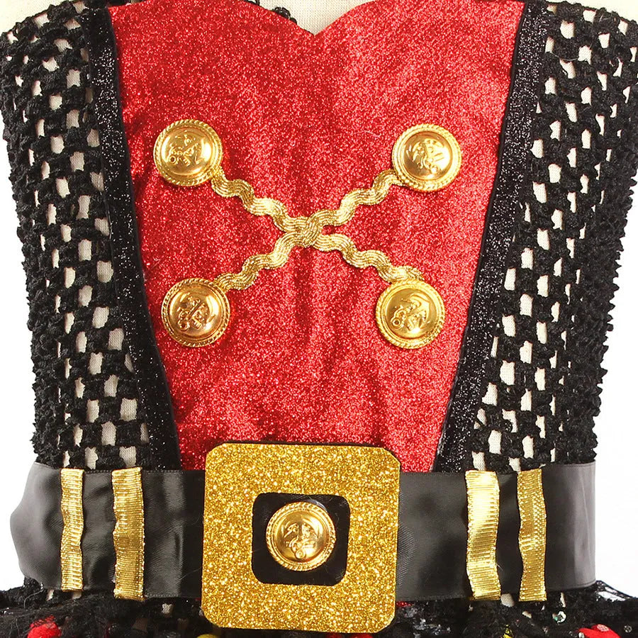 Girl's sleeveless pirate costume dress with sequins, lace, and mesh detailing, shown with an optional hat and eye mask.
