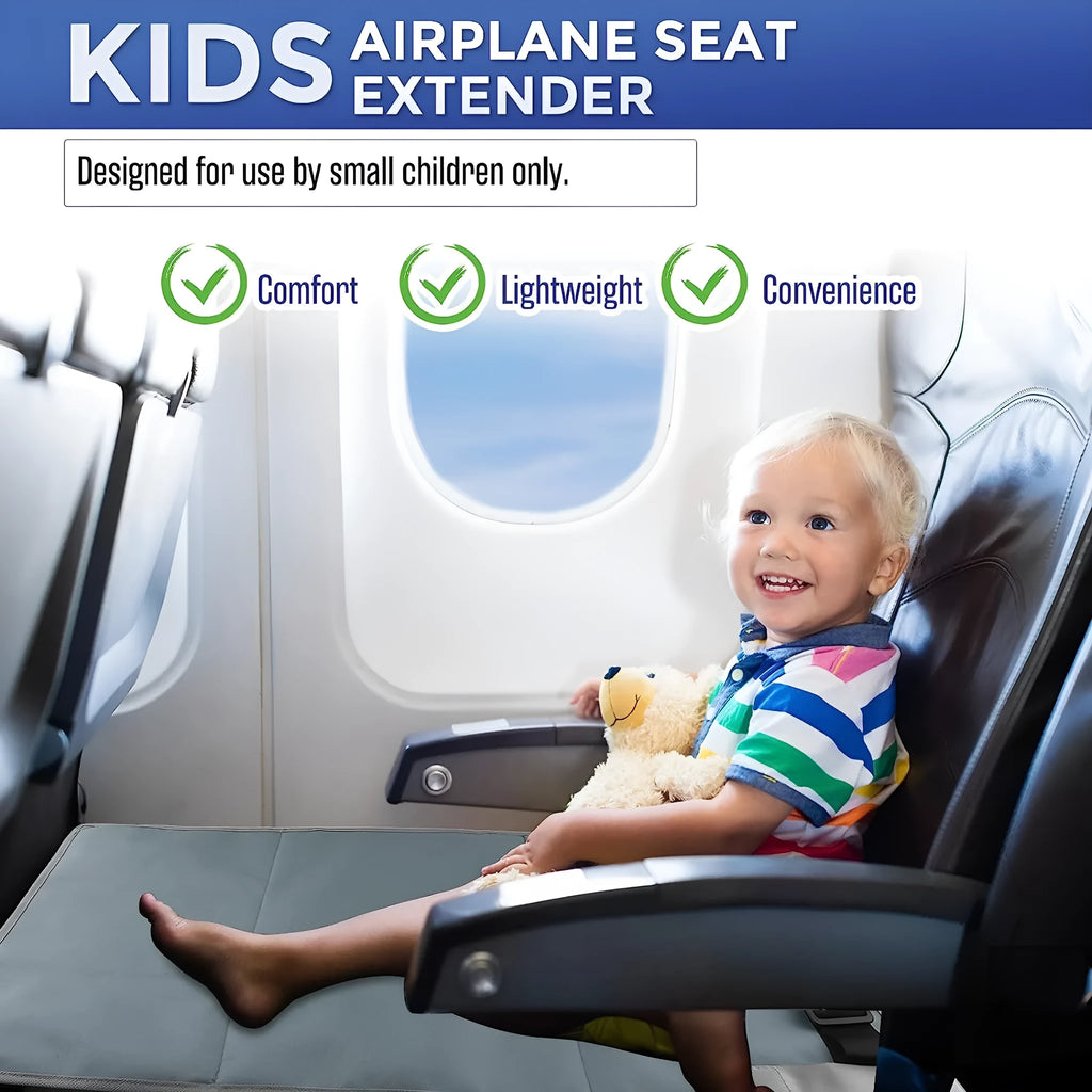 Portable children's aircraft pedal seat extender with drawstring storage pocket in blue